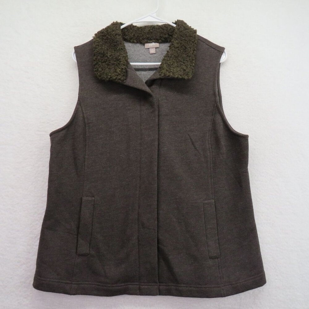 J ‎ Jill Vest Womens Size Large Brown Sweater Faux Fur Collar Hidden Snap Front